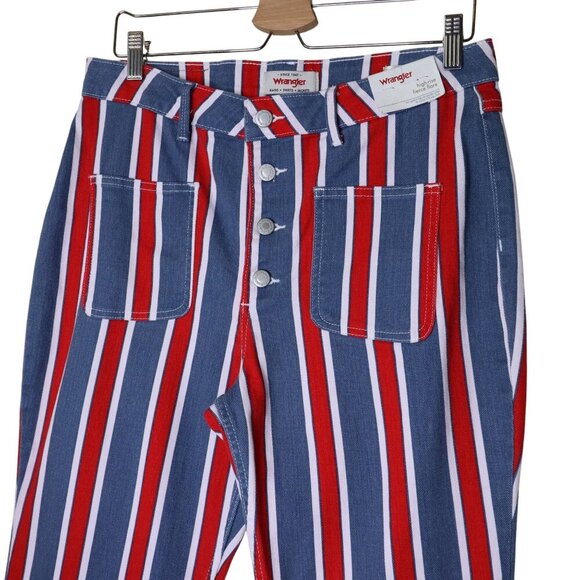 Wrangler Jeans High Rise Fierce Flare Red White Blue Striped Womens Size 12 - Picture 2 of 10